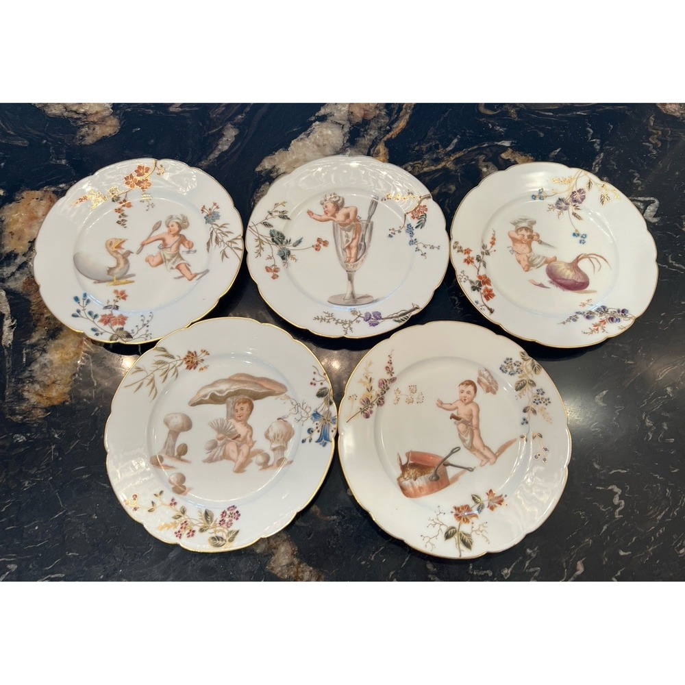 5 Antique French Porcelain CFH Limoges Plates w Babies/Cherubs Circa 1890 RARE